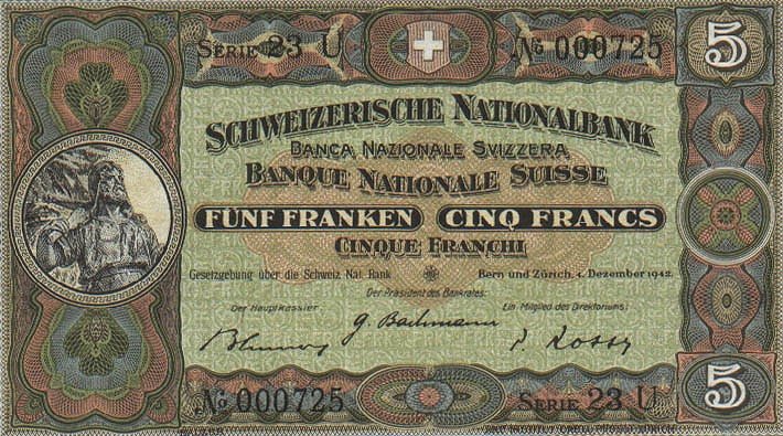 Front of Switzerland p11j: 5 Franken from 1942