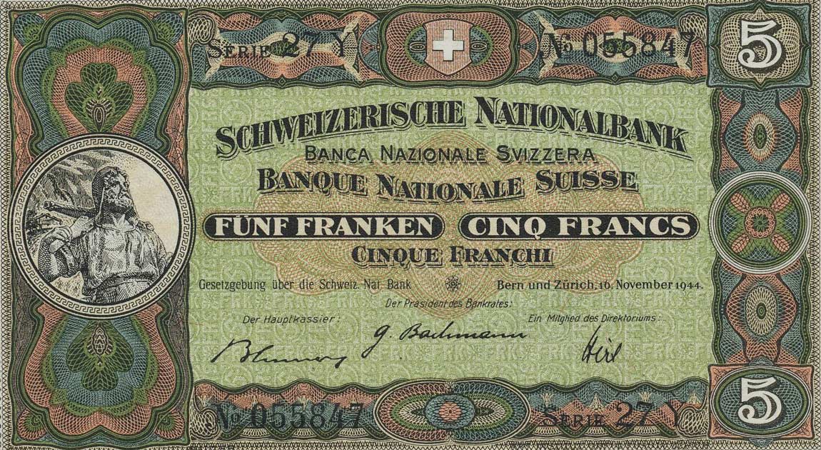 Front of Switzerland p11k: 5 Franken from 1944