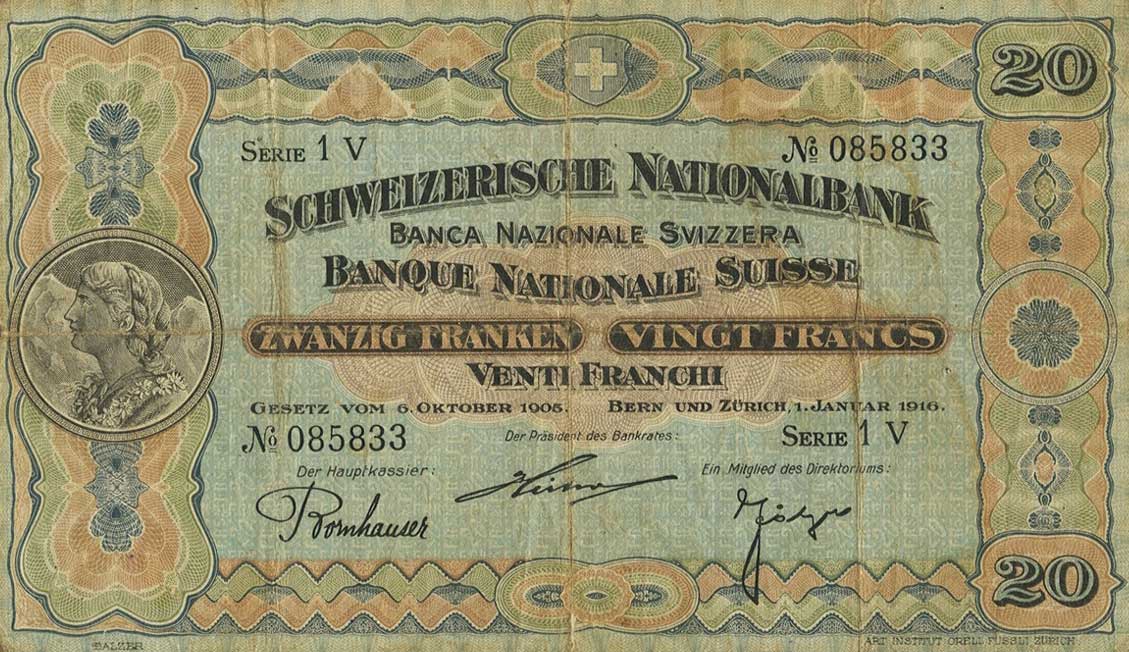 Front of Switzerland p12c: 20 Franken from 1916