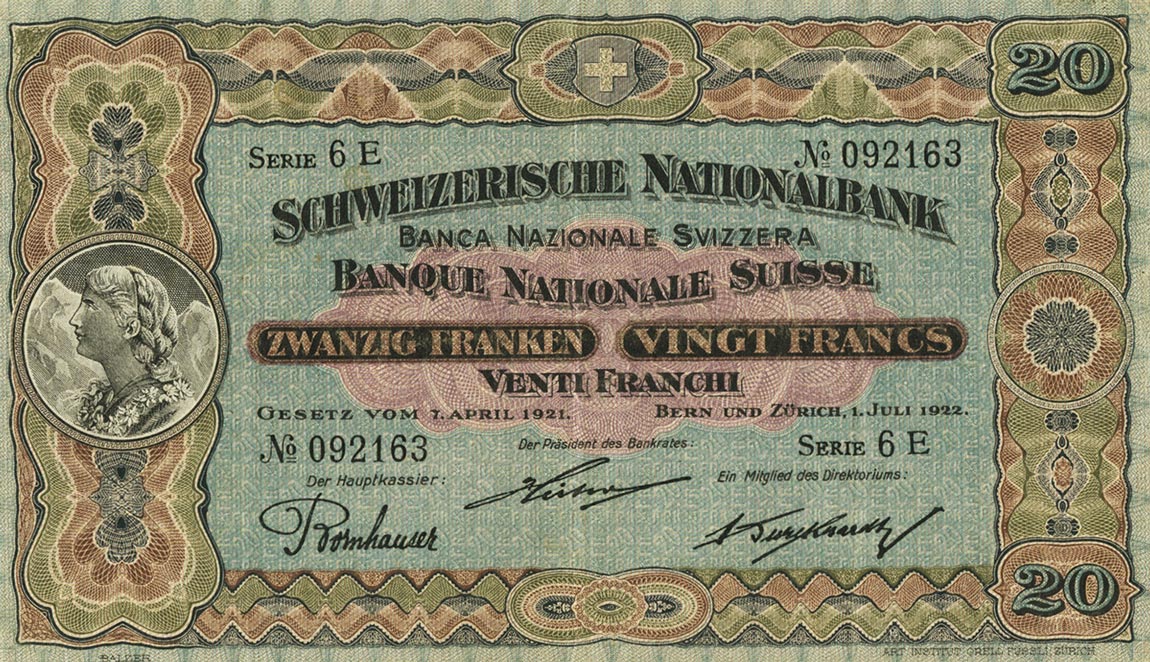 Front of Switzerland p12g: 20 Franken from 1922