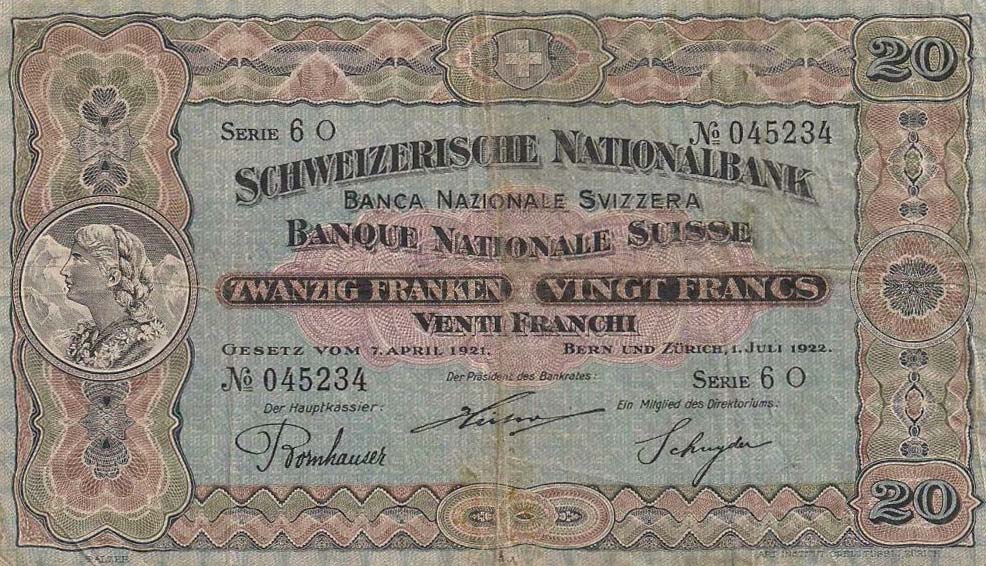 Front of Switzerland p27a: 20 Franken from 1922