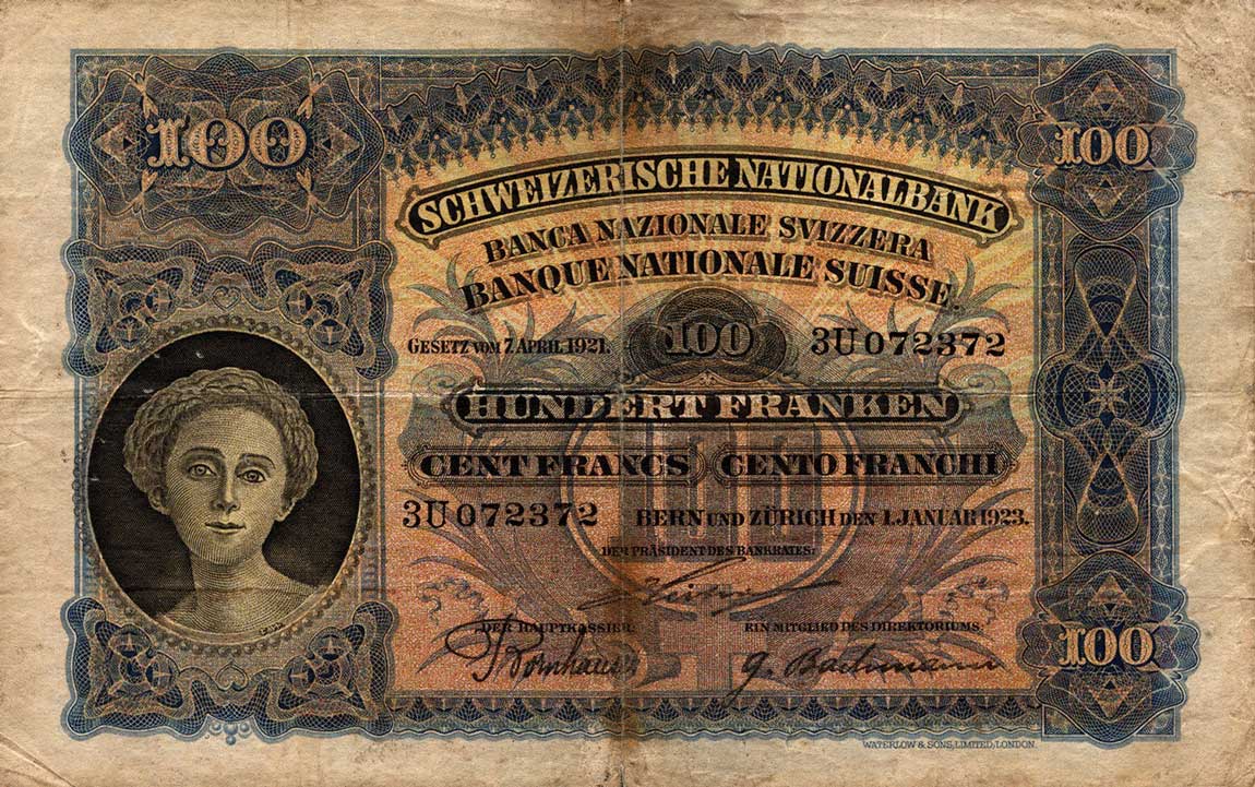 Front of Switzerland p28: 100 Franken from 1923