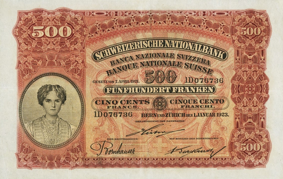 Front of Switzerland p29: 500 Franken from 1923