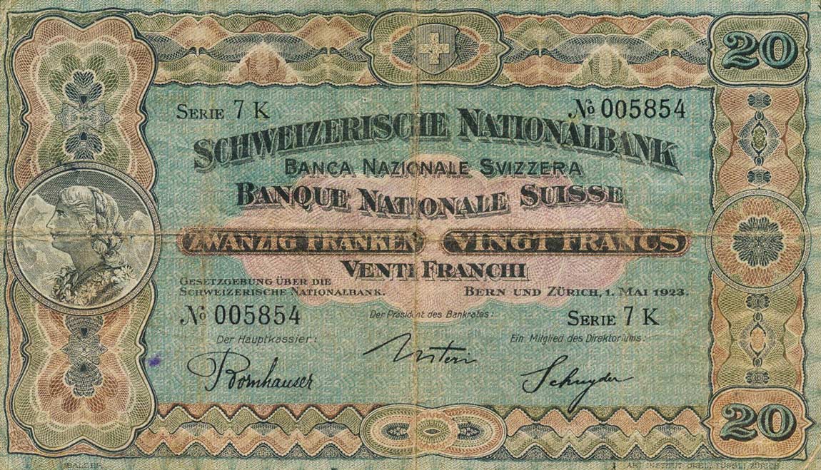 Front of Switzerland p33a: 20 Franken from 1923