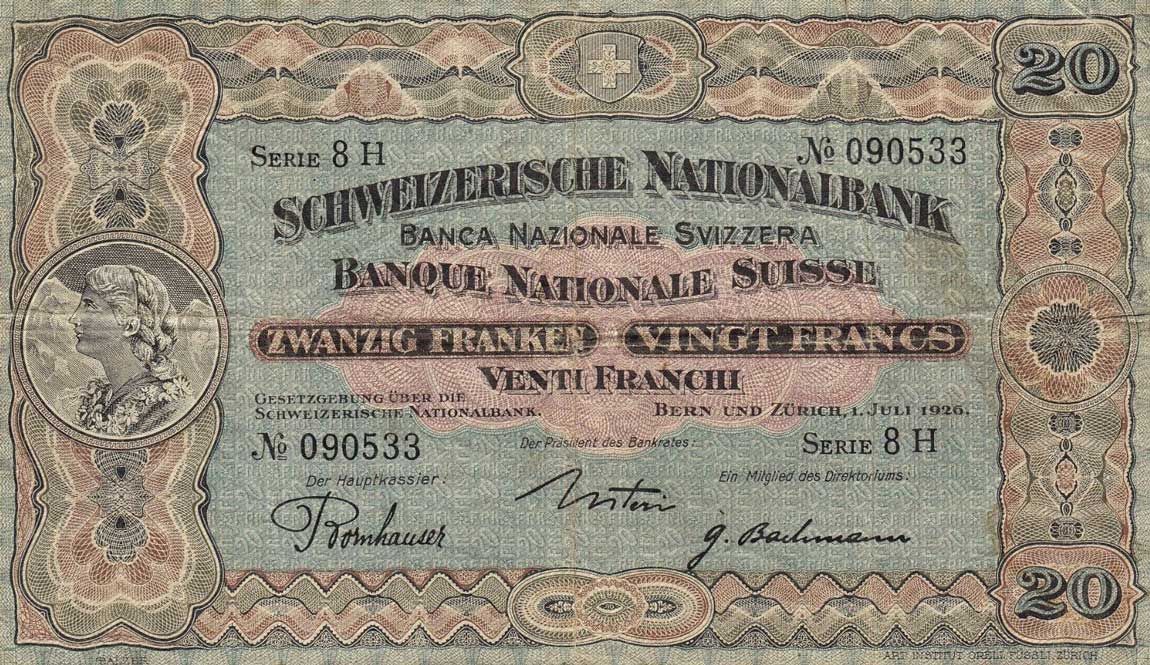 Front of Switzerland p33b: 20 Franken from 1926