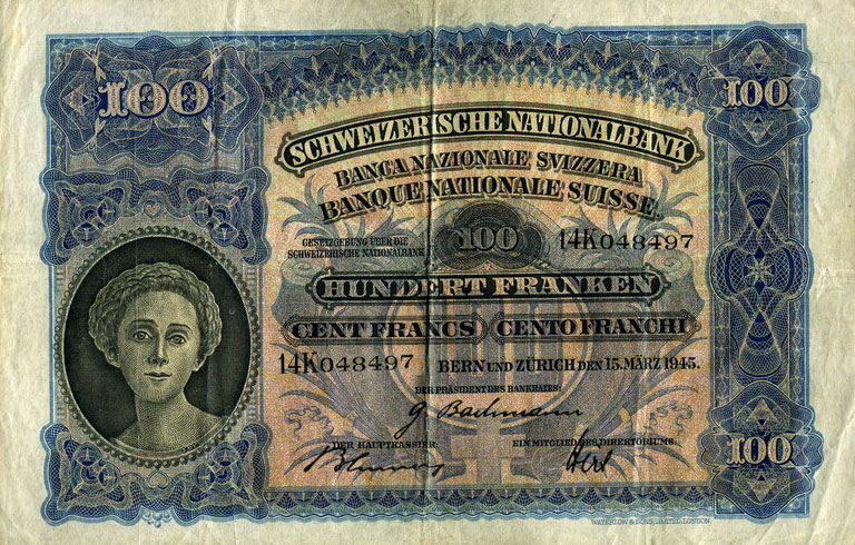 Front of Switzerland p35s: 100 Franken from 1945