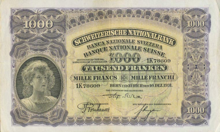 Front of Switzerland p37d: 1000 Franken from 1931