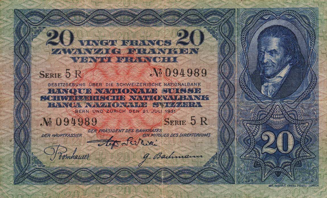 Front of Switzerland p39c: 20 Franken from 1931