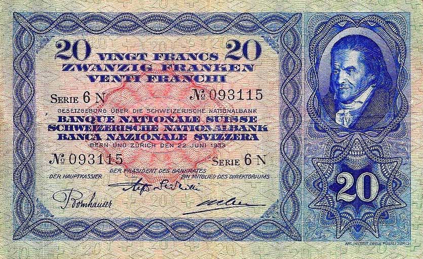 Front of Switzerland p39d: 20 Franken from 1933