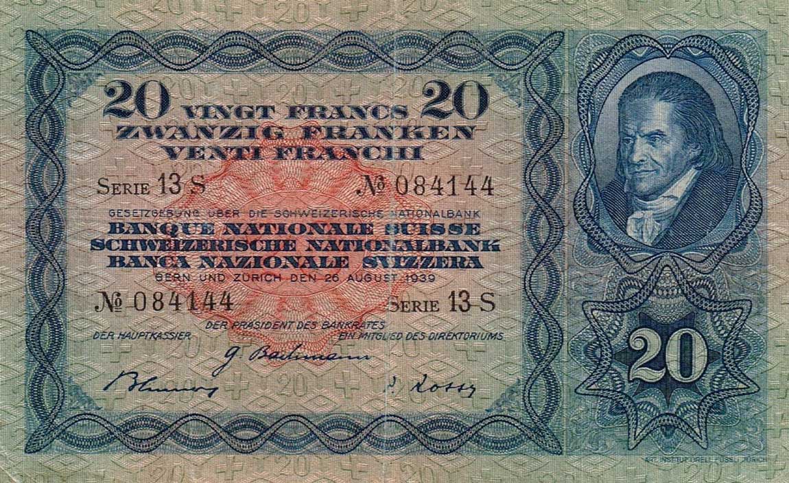 Front of Switzerland p39j: 20 Franken from 1939