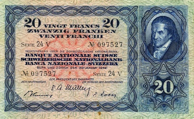 Front of Switzerland p39q: 20 Franken from 1949