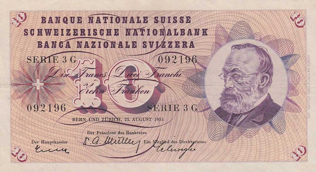 Front of Switzerland p45a: 10 Franken from 1955