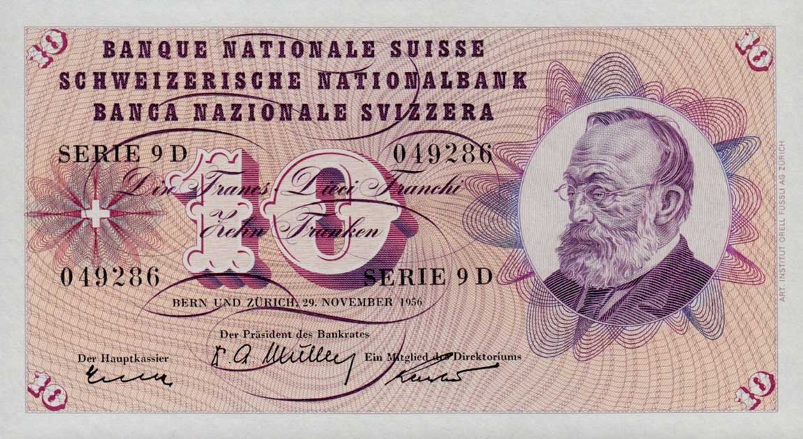 Front of Switzerland p45c: 10 Franken from 1956