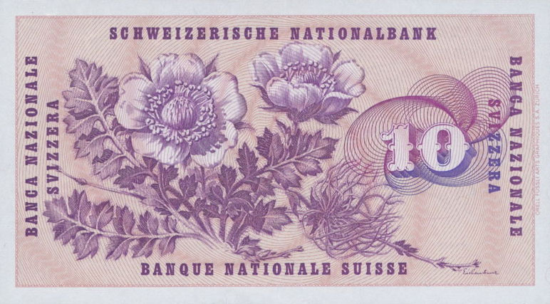 Back of Switzerland p45r: 10 Franken from 1972