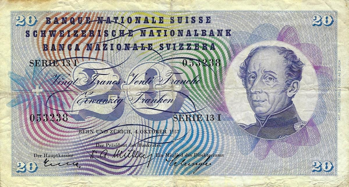 Front of Switzerland p46e: 20 Franken from 1957