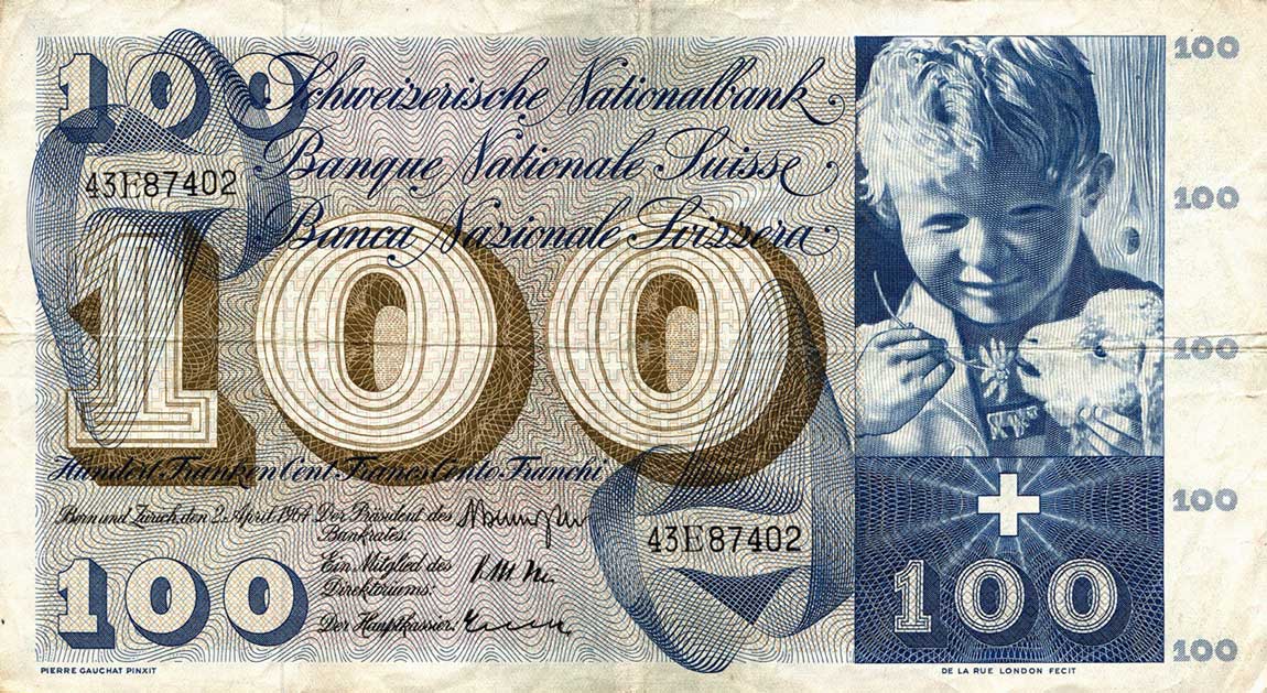 Front of Switzerland p49f: 100 Franken from 1964