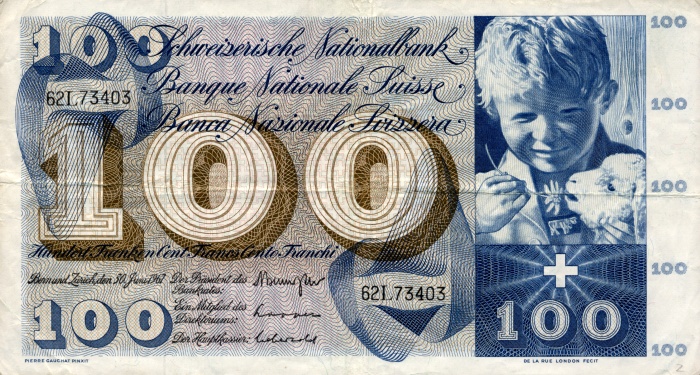 Front of Switzerland p49j: 100 Franken from 1967