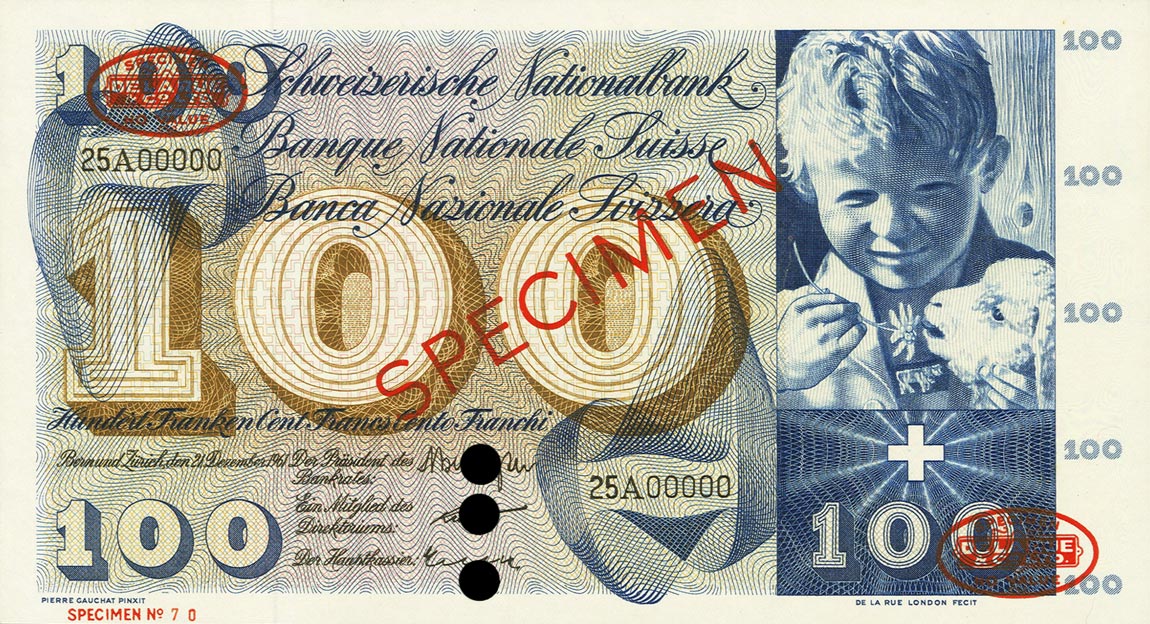 Front of Switzerland p49s: 100 Franken from 1956