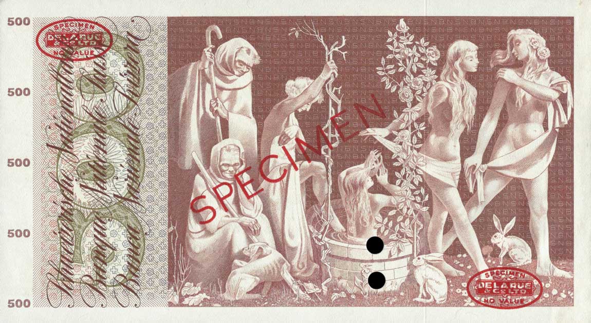 Back of Switzerland p50s: 500 Franken from 1957