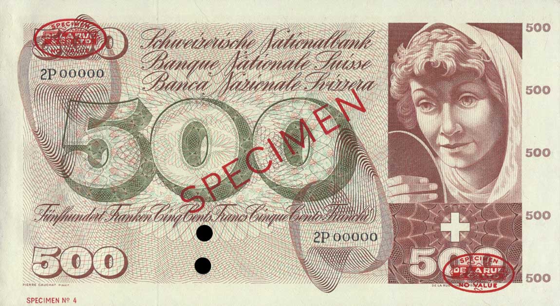 Front of Switzerland p50s: 500 Franken from 1957