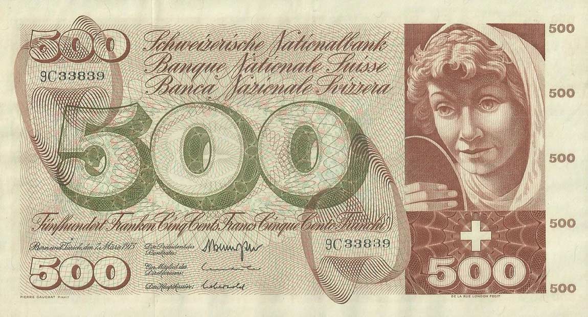 Front of Switzerland p51k: 500 Franken from 1973