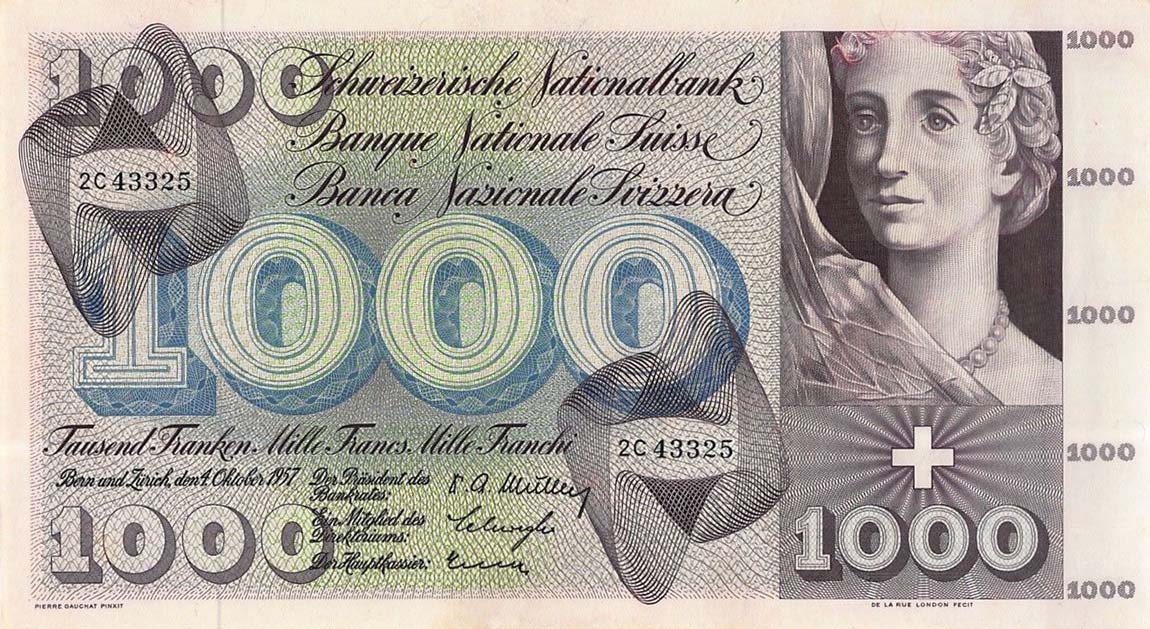 Front of Switzerland p52b: 1000 Franken from 1957