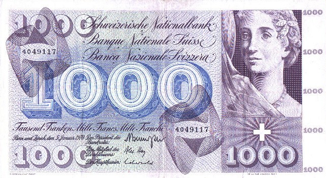 Front of Switzerland p52i: 1000 Franken from 1970