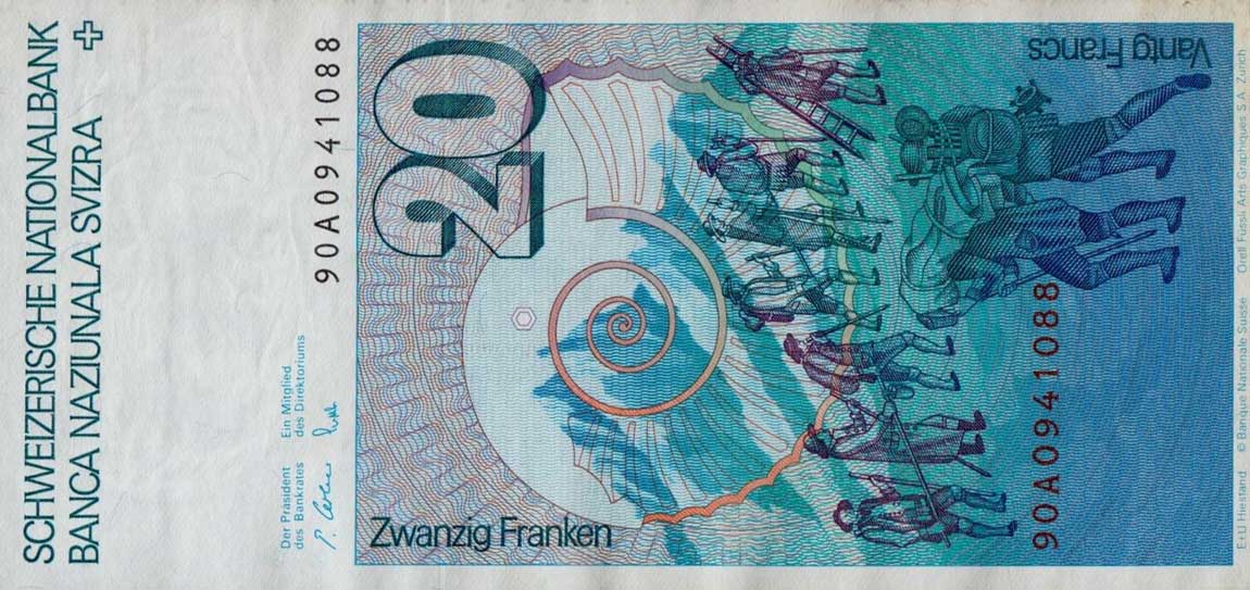 Back of Switzerland p55i: 20 Franken from 1990