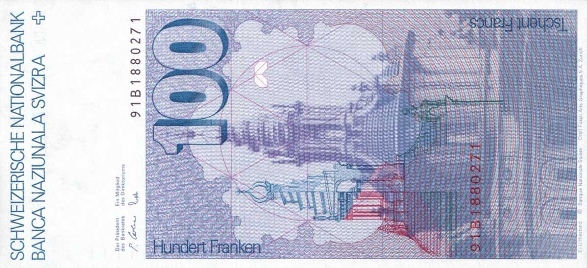 Back of Switzerland p57k: 100 Franken from 1991