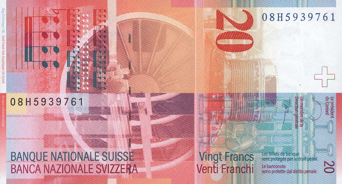 Back of Switzerland p69e: 20 Franken from 2008