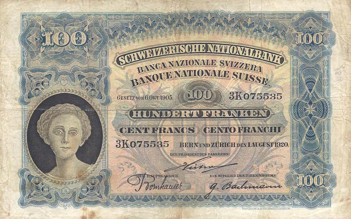 Front of Switzerland p6d: 100 Franken from 1920
