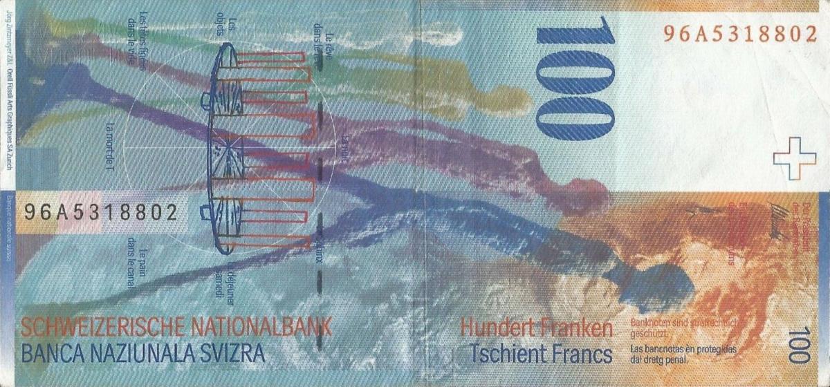 Back of Switzerland p72a: 100 Franken from 1996