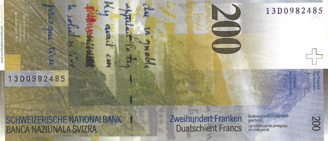 Back of Switzerland p73e: 200 Franken from 2013