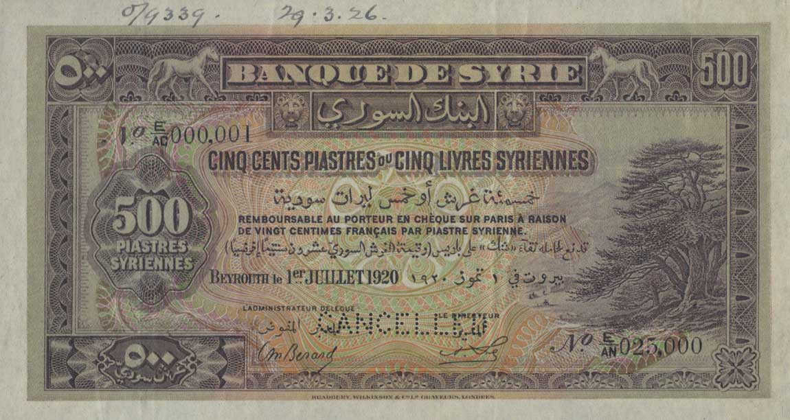 Front of Syria p16s: 500 Piastres from 1920