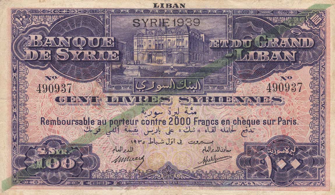 Front of Syria p38d: 100 Livres from 1935