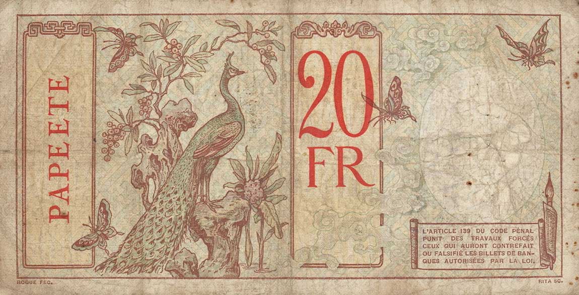 Back of Tahiti p12d: 20 Francs from 1928