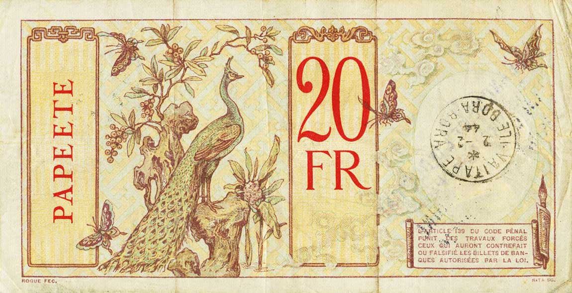 Back of Tahiti p12e: 20 Francs from 1928