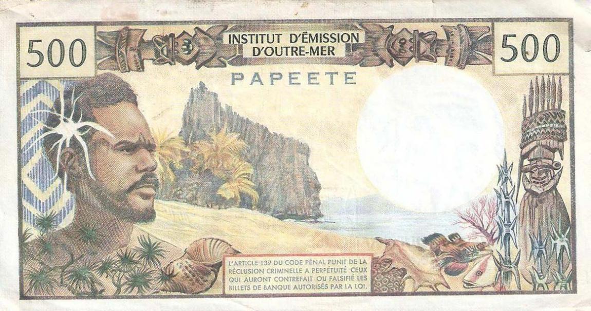 Back of Tahiti p25b1: 500 Francs from 1977