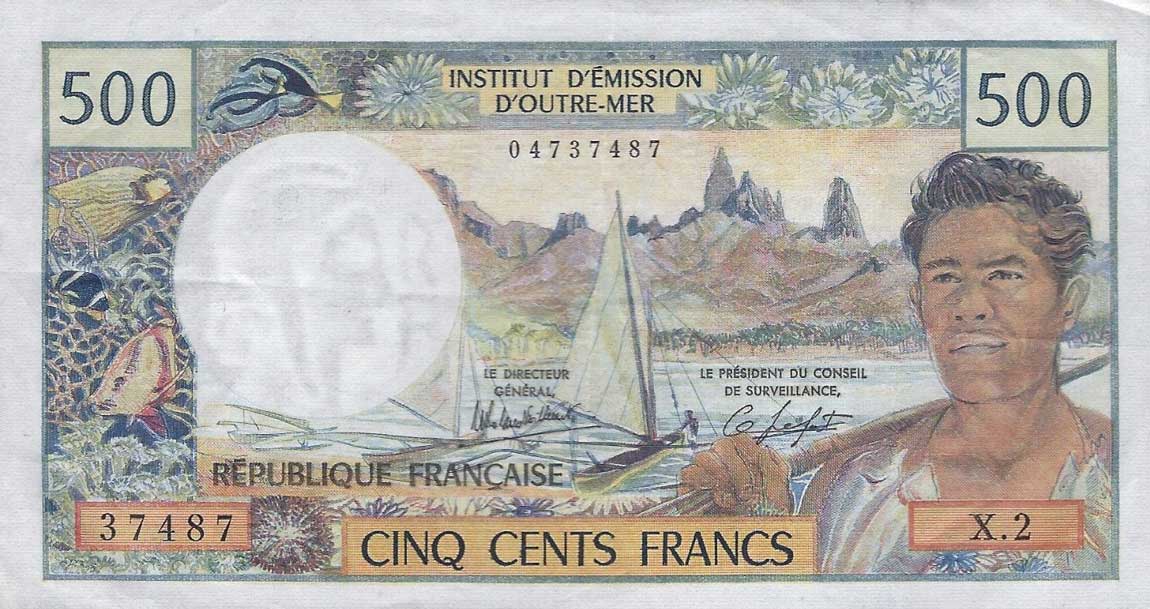 Front of Tahiti p25c: 500 Francs from 1983