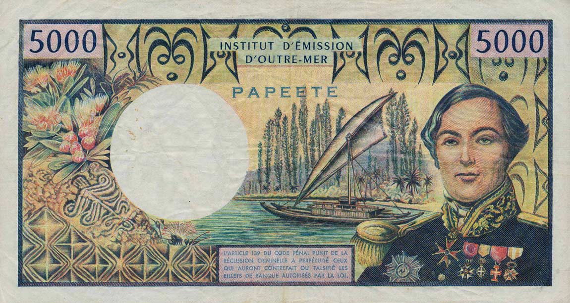 Back of Tahiti p28c: 5000 Francs from 1982