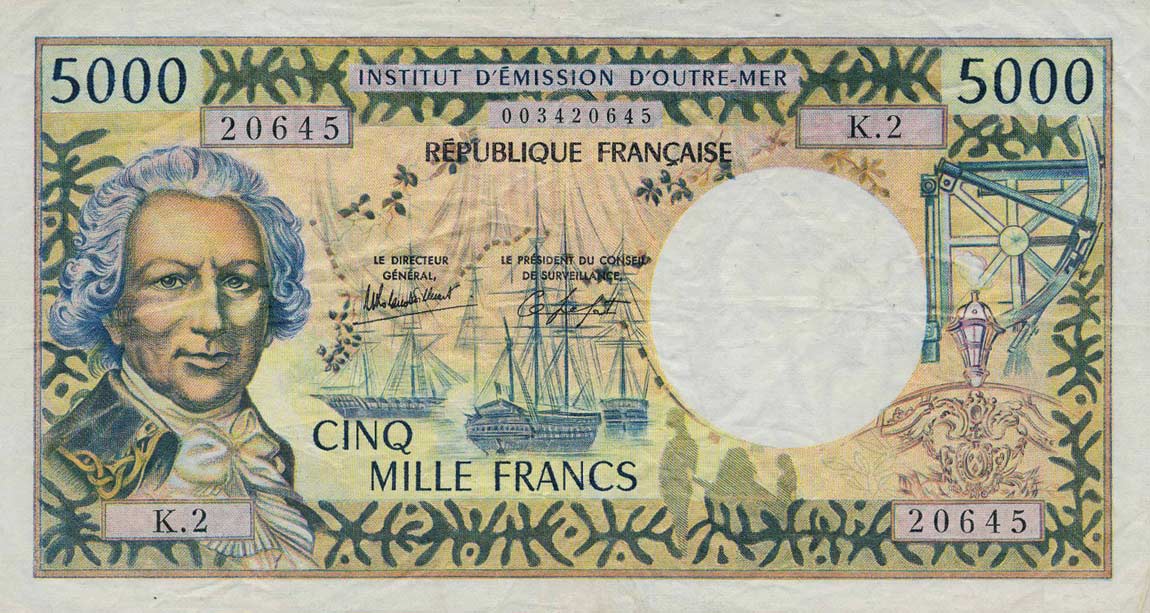 Front of Tahiti p28c: 5000 Francs from 1982