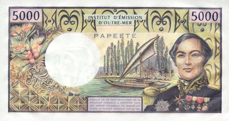 Back of Tahiti p28d: 5000 Francs from 1985