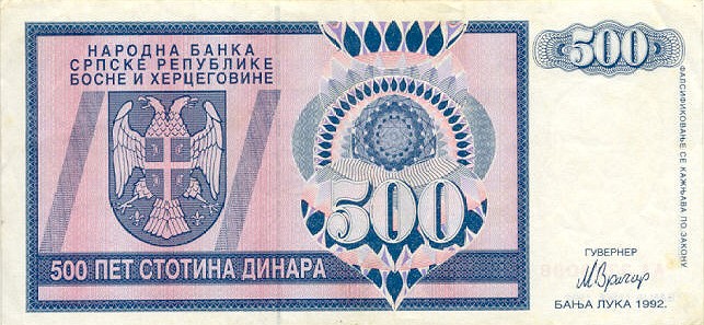 Front of Bosnia and Herzegovina p136a: 500 Dinara from 1992