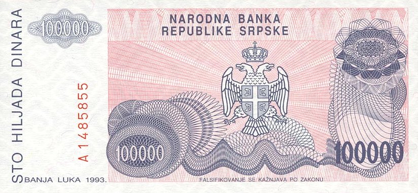 Back of Bosnia and Herzegovina p154a: 100000 Dinara from 1993