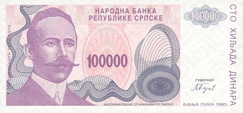 Front of Bosnia and Herzegovina p154a: 100000 Dinara from 1993