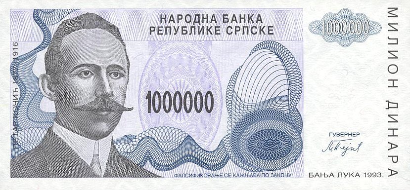 Front of Bosnia and Herzegovina p155a: 1000000 Dinara from 1993