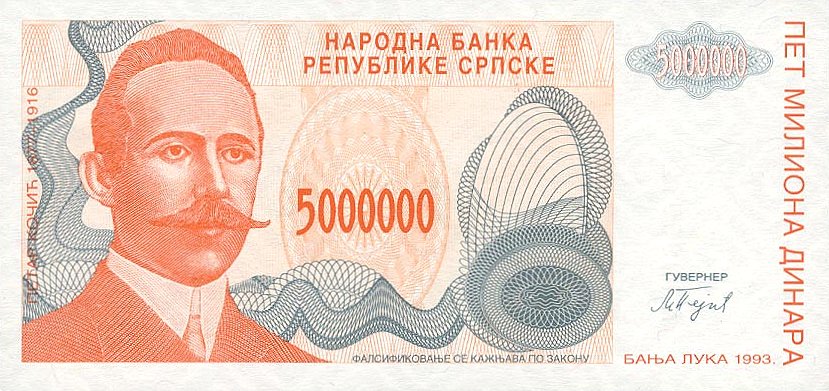 Front of Bosnia and Herzegovina p156a: 5000000 Dinara from 1993