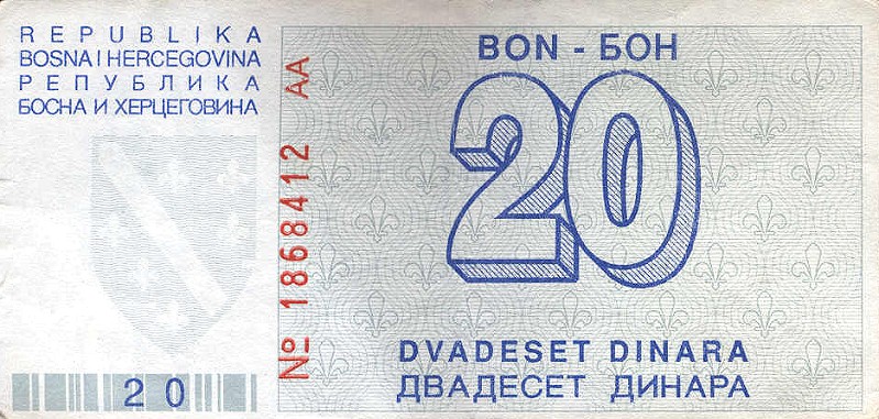 Back of Bosnia and Herzegovina p22a: 20 Dinara from 1992