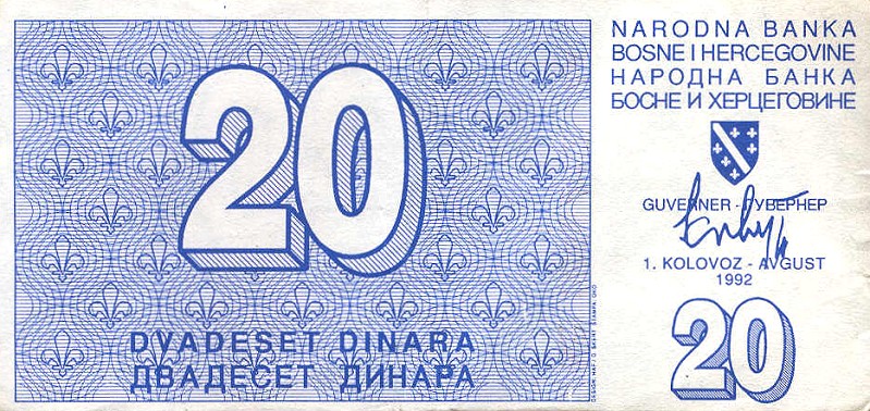 Front of Bosnia and Herzegovina p22a: 20 Dinara from 1992