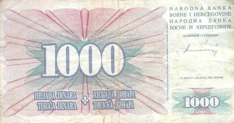 Front of Bosnia and Herzegovina p46a: 1000 Dinara from 1994